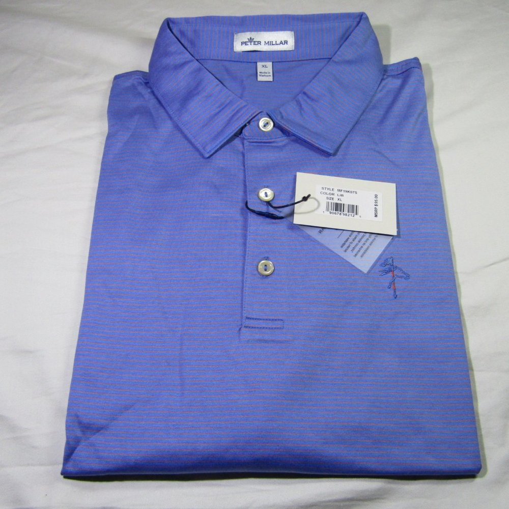 (XL) Blue Collared Polo with Thin Red Stripes